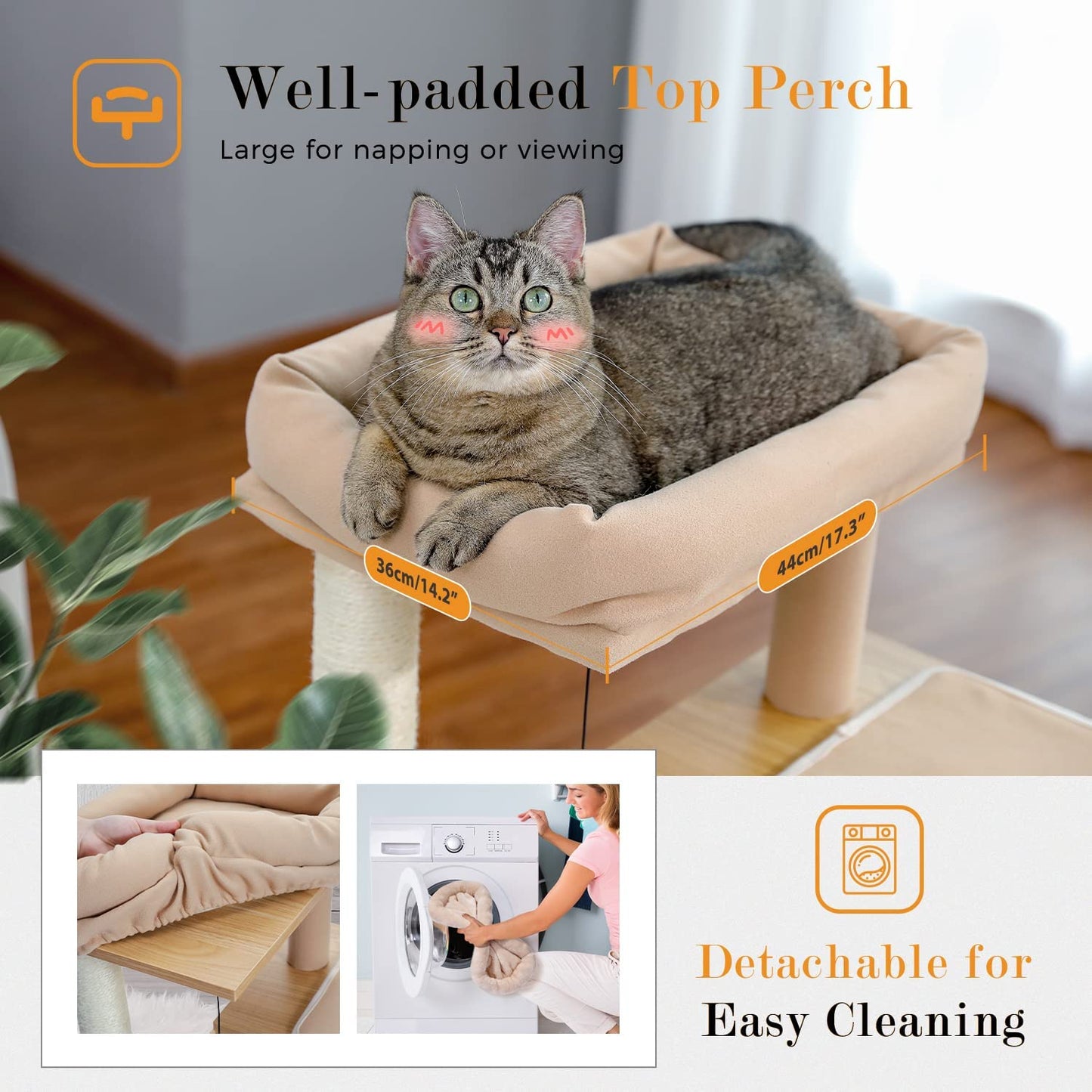 35-Inch Wooden Cat Tower with Dual Condos, Generous Perch, Fully Wrapped Sisal Scratching Posts, and Replaceable Dangling Balls - Walnut Finish