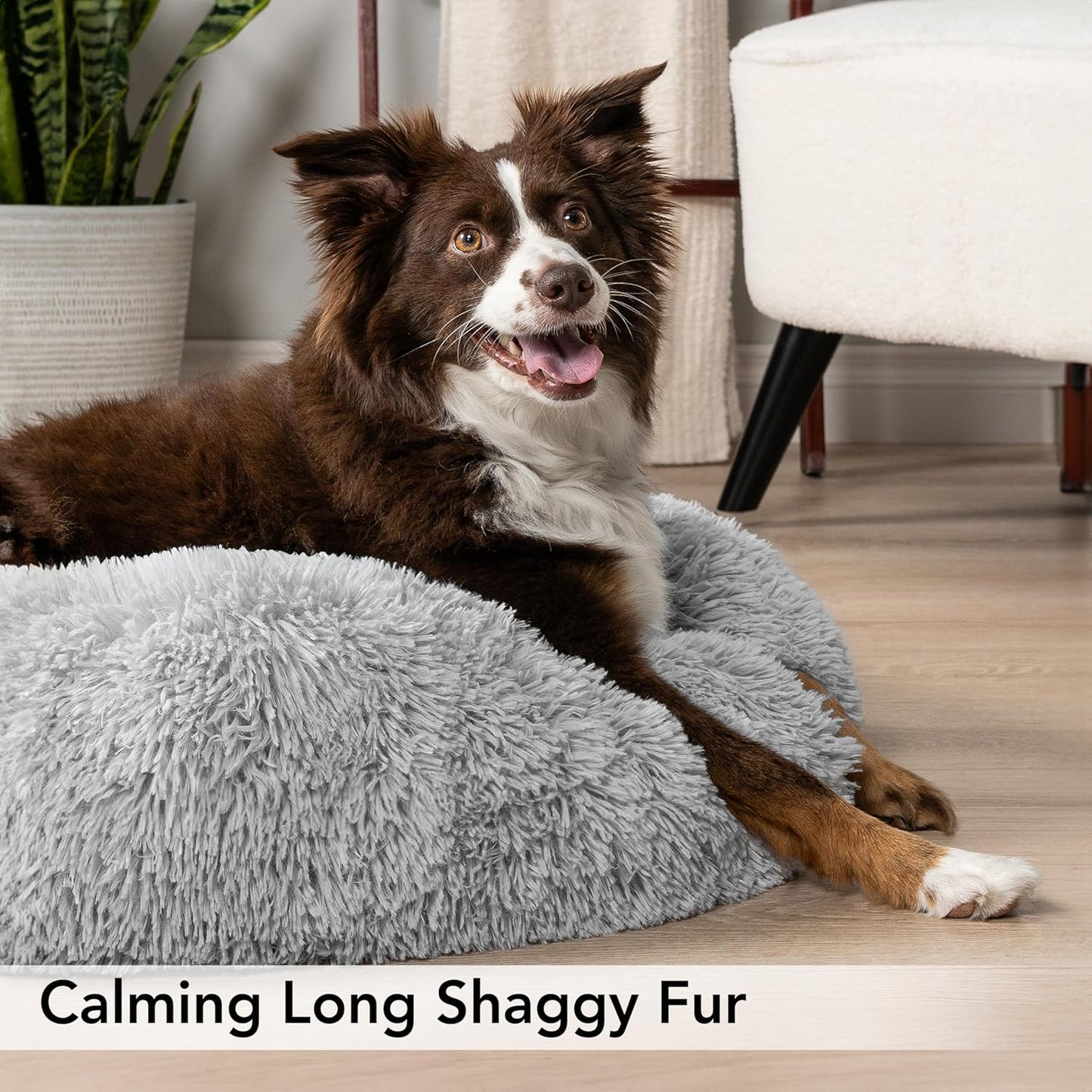 Calming Dog Bed for Small Medium Dogs and Cats, round Donut Washable Fluffy Faux Fur Plush Cuddler Pet Kitten Cushion, Anti-Slip, Fits up to 45 Lbs, 30 Inch, Light Gray
