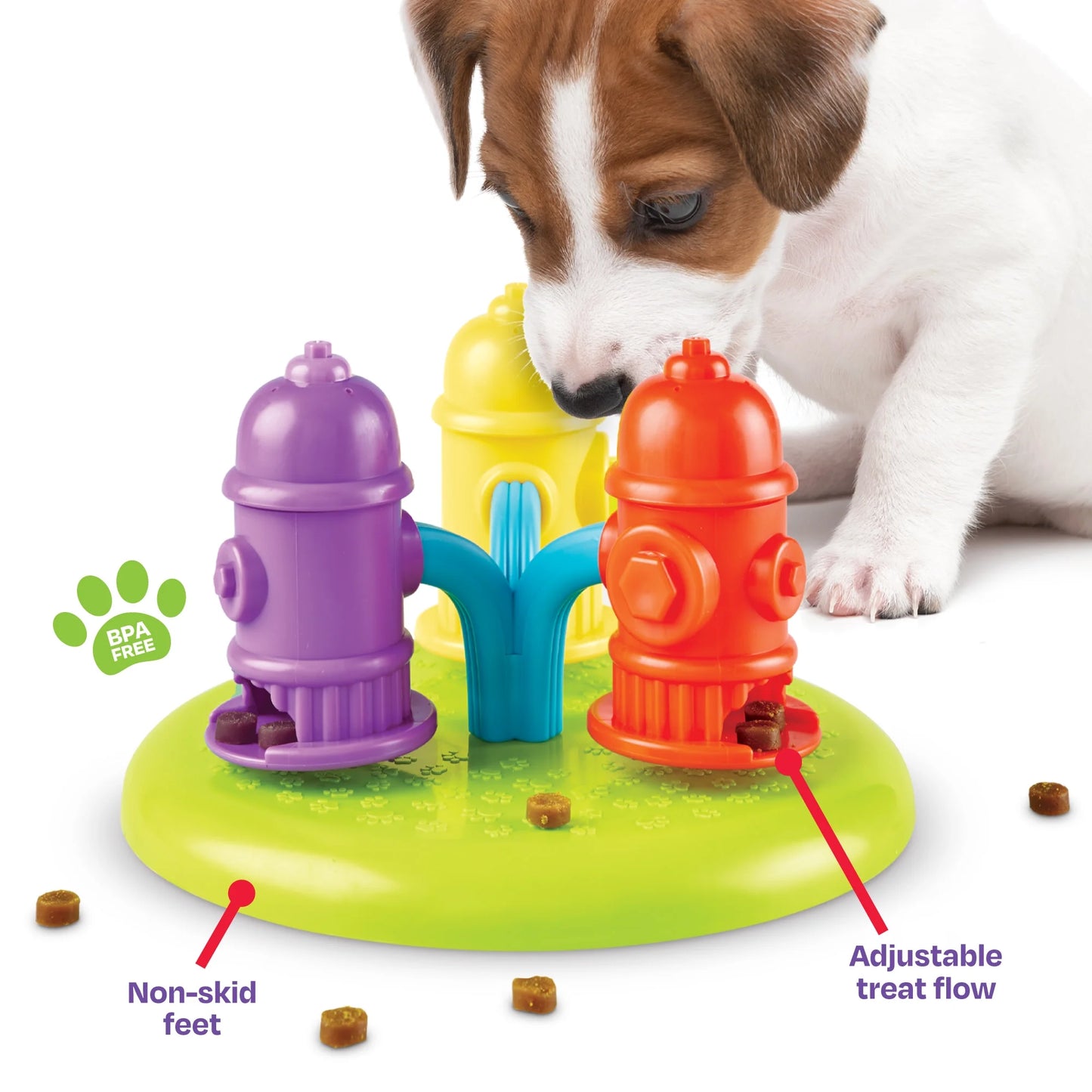 Brightkins Spinning Hydrants Dog Toy Treat Puzzle for Interactive Enrichment Training & Puppy Birthdays