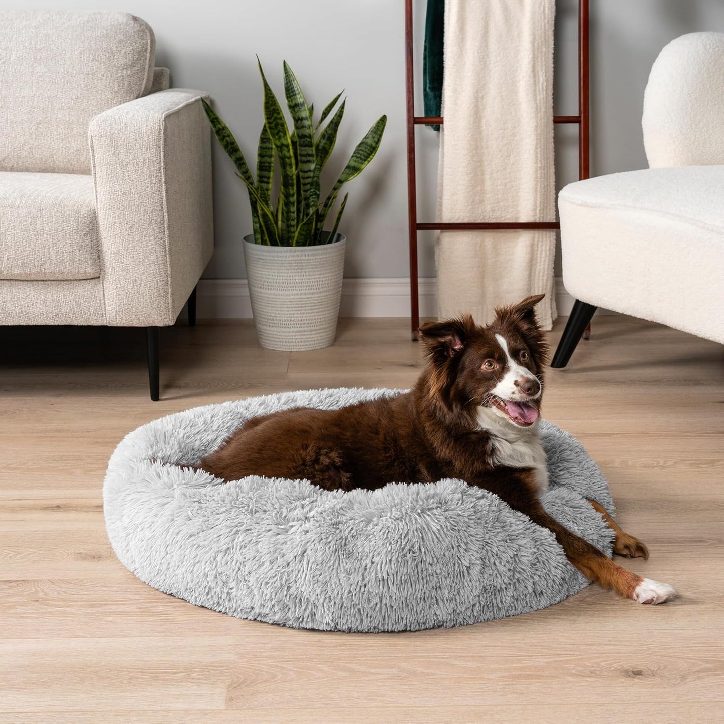 Calming Dog Bed for Small Medium Dogs and Cats, round Donut Washable Fluffy Faux Fur Plush Cuddler Pet Kitten Cushion, Anti-Slip, Fits up to 45 Lbs, 30 Inch, Light Gray