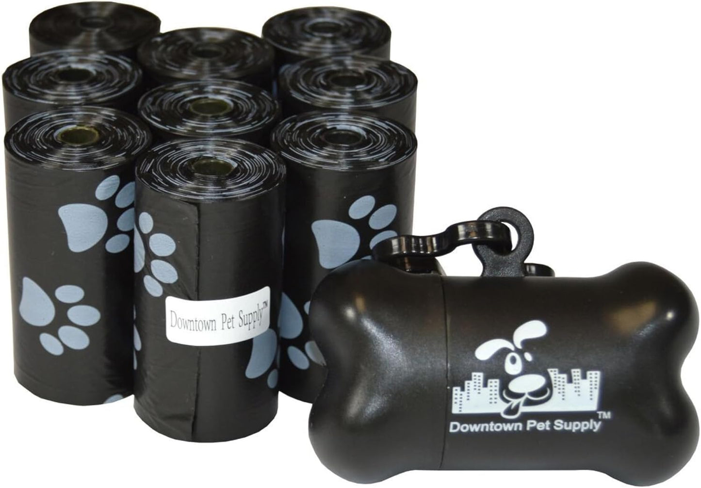 Dog Waste Bags with Dispenser, 180 Count - Leak-Proof and Bone-Shaped Holder for Leash - Black with Paw Prints, 12.5" X 8.5