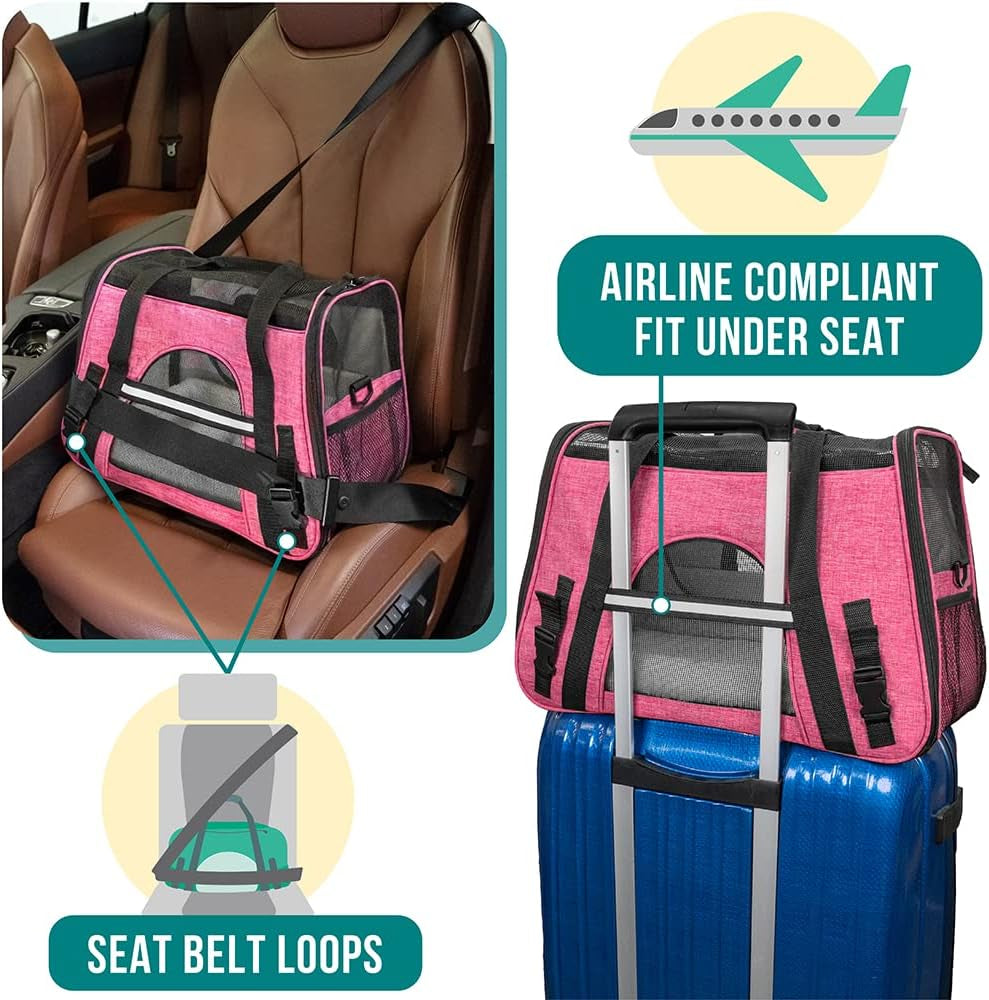 Airline-Approved Soft-Sided Pet Carrier for Cats and Small Dogs, Ventilated Travel Bag for Medium to Large Kittens and Puppies, Large Heather Pink