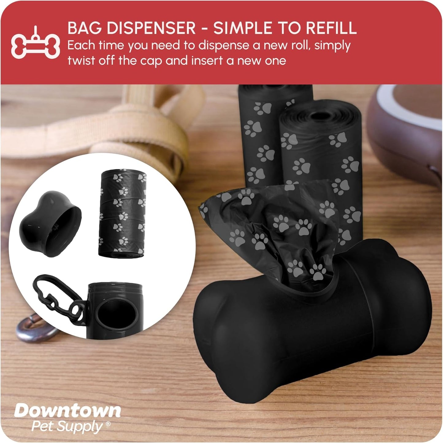 Dog Waste Bags with Dispenser, 180 Count - Leak-Proof and Bone-Shaped Holder for Leash - Black with Paw Prints, 12.5" X 8.5