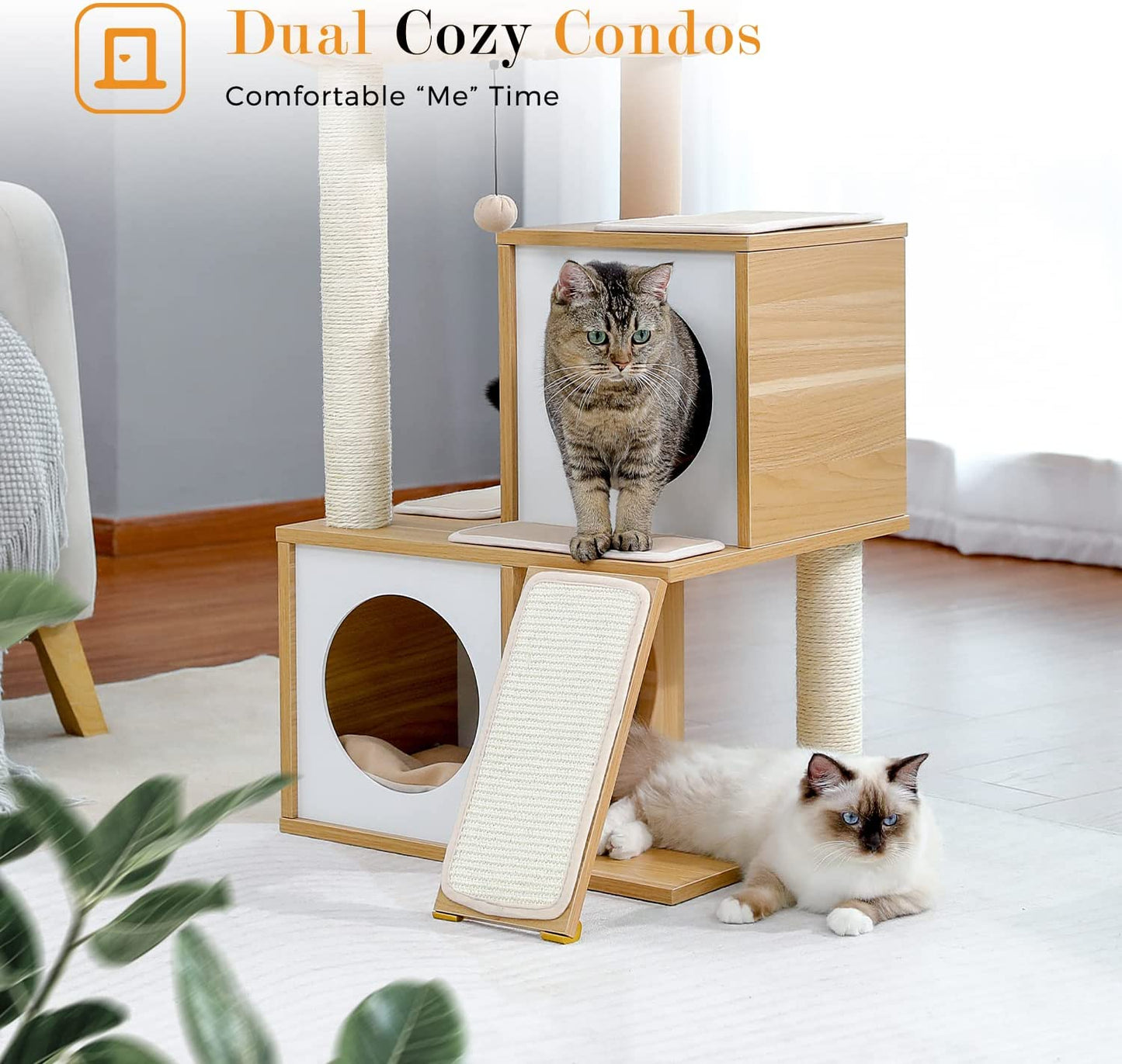 35-Inch Wooden Cat Tower with Dual Condos, Generous Perch, Fully Wrapped Sisal Scratching Posts, and Replaceable Dangling Balls - Walnut Finish
