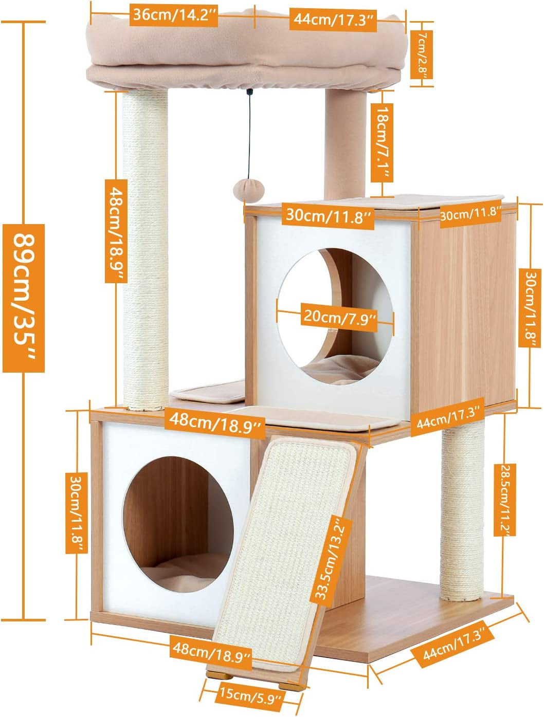 35-Inch Wooden Cat Tower with Dual Condos, Generous Perch, Fully Wrapped Sisal Scratching Posts, and Replaceable Dangling Balls - Walnut Finish