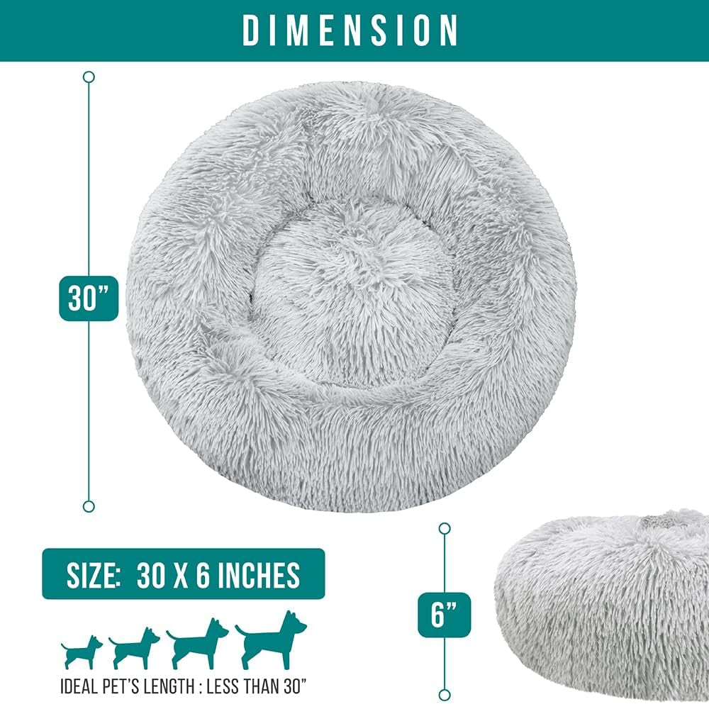 Calming Dog Bed for Small Medium Dogs and Cats, round Donut Washable Fluffy Faux Fur Plush Cuddler Pet Kitten Cushion, Anti-Slip, Fits up to 45 Lbs, 30 Inch, Light Gray