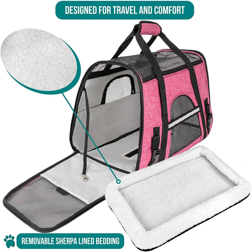 Airline-Approved Soft-Sided Pet Carrier for Cats and Small Dogs, Ventilated Travel Bag for Medium to Large Kittens and Puppies, Large Heather Pink