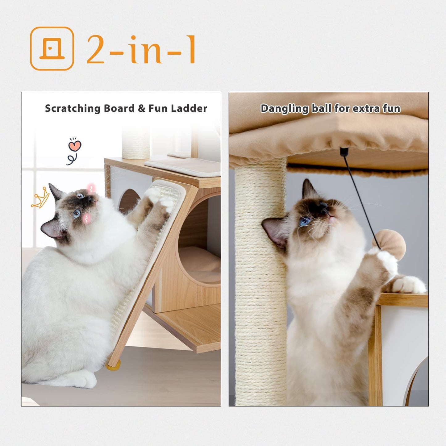 35-Inch Wooden Cat Tower with Dual Condos, Generous Perch, Fully Wrapped Sisal Scratching Posts, and Replaceable Dangling Balls - Walnut Finish