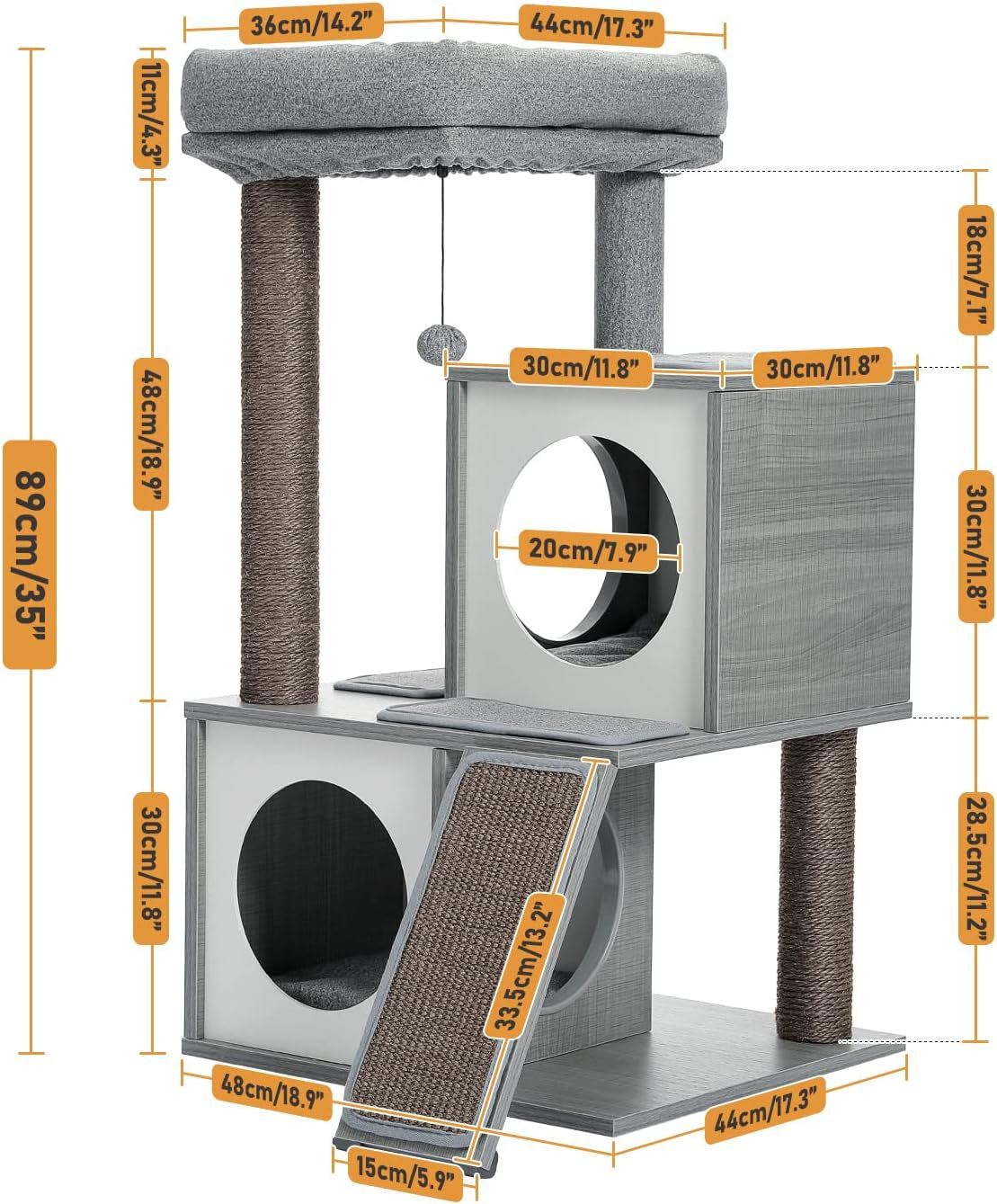 35-Inch Wooden Cat Tower with Double Condos, Spacious Perch, Fully Wrapped Sisal Scratching Posts, and Replaceable Dangling Balls - Gray