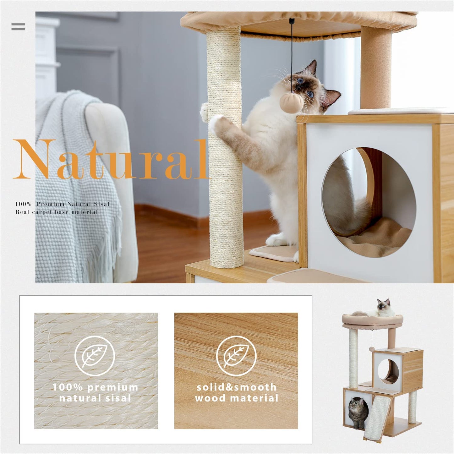 35-Inch Wooden Cat Tower with Dual Condos, Generous Perch, Fully Wrapped Sisal Scratching Posts, and Replaceable Dangling Balls - Walnut Finish