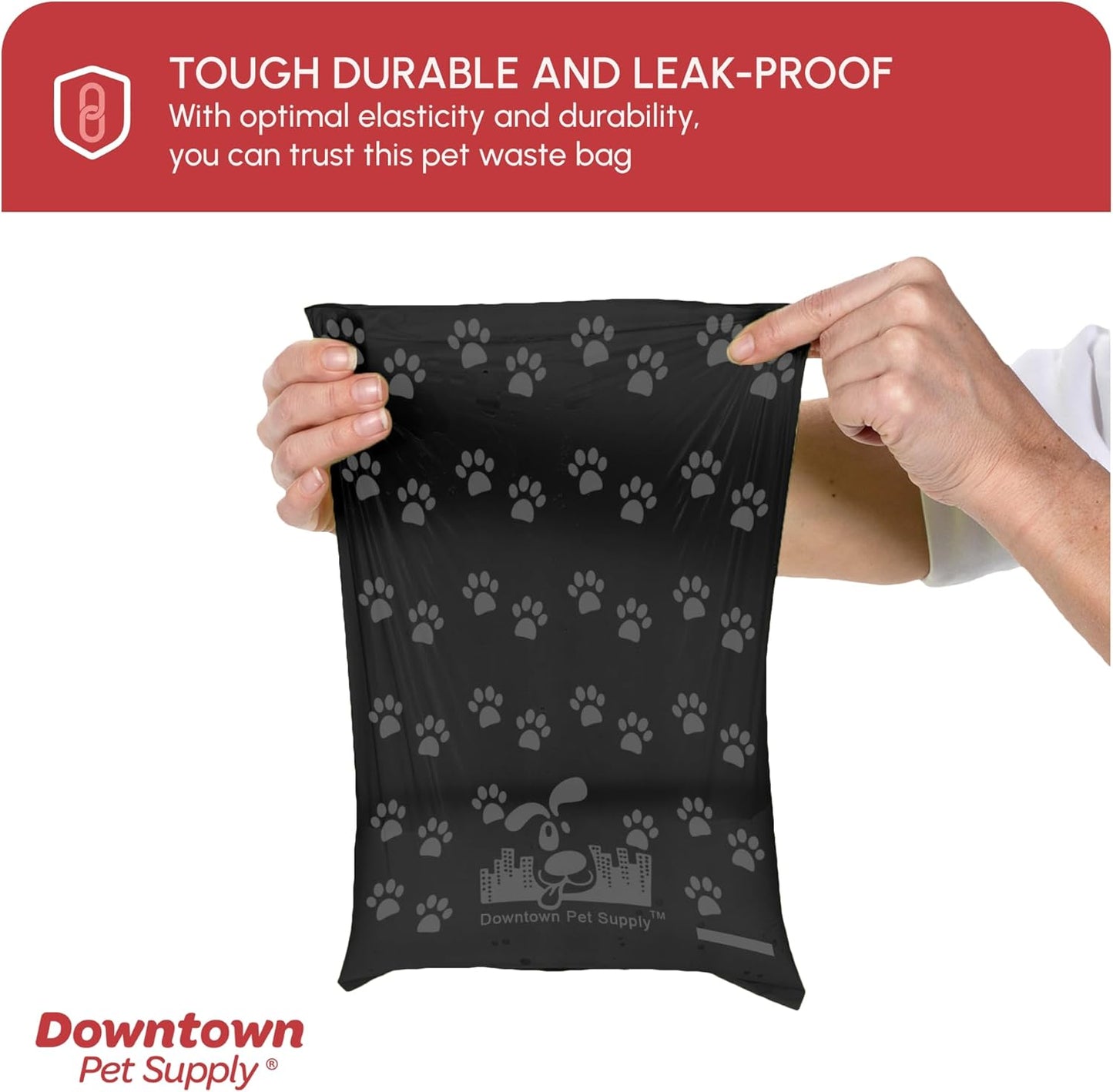 Dog Waste Bags with Dispenser, 180 Count - Leak-Proof and Bone-Shaped Holder for Leash - Black with Paw Prints, 12.5" X 8.5