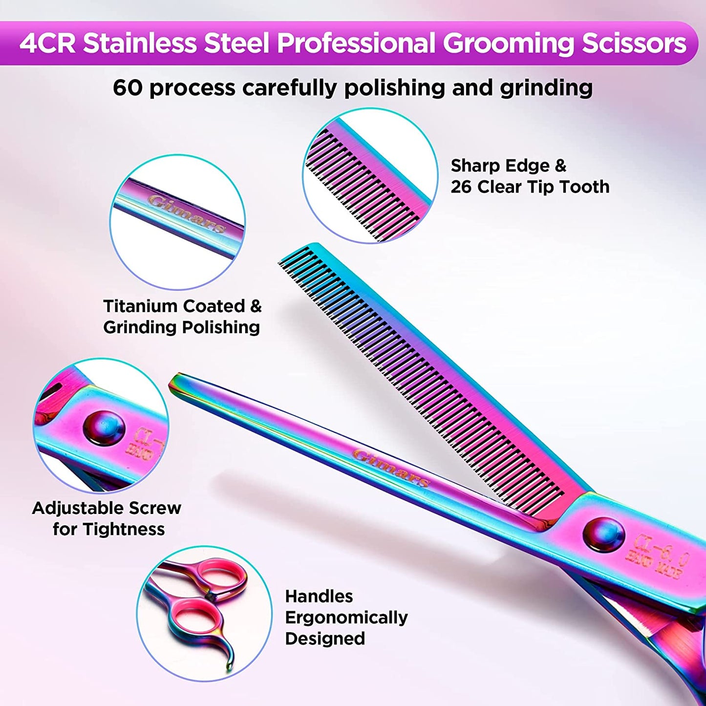 Professional 6-in-1 Grooming Scissors for Dogs and Cats - Heavy Duty Titanium Coated Stainless Steel with Safety Round Tip