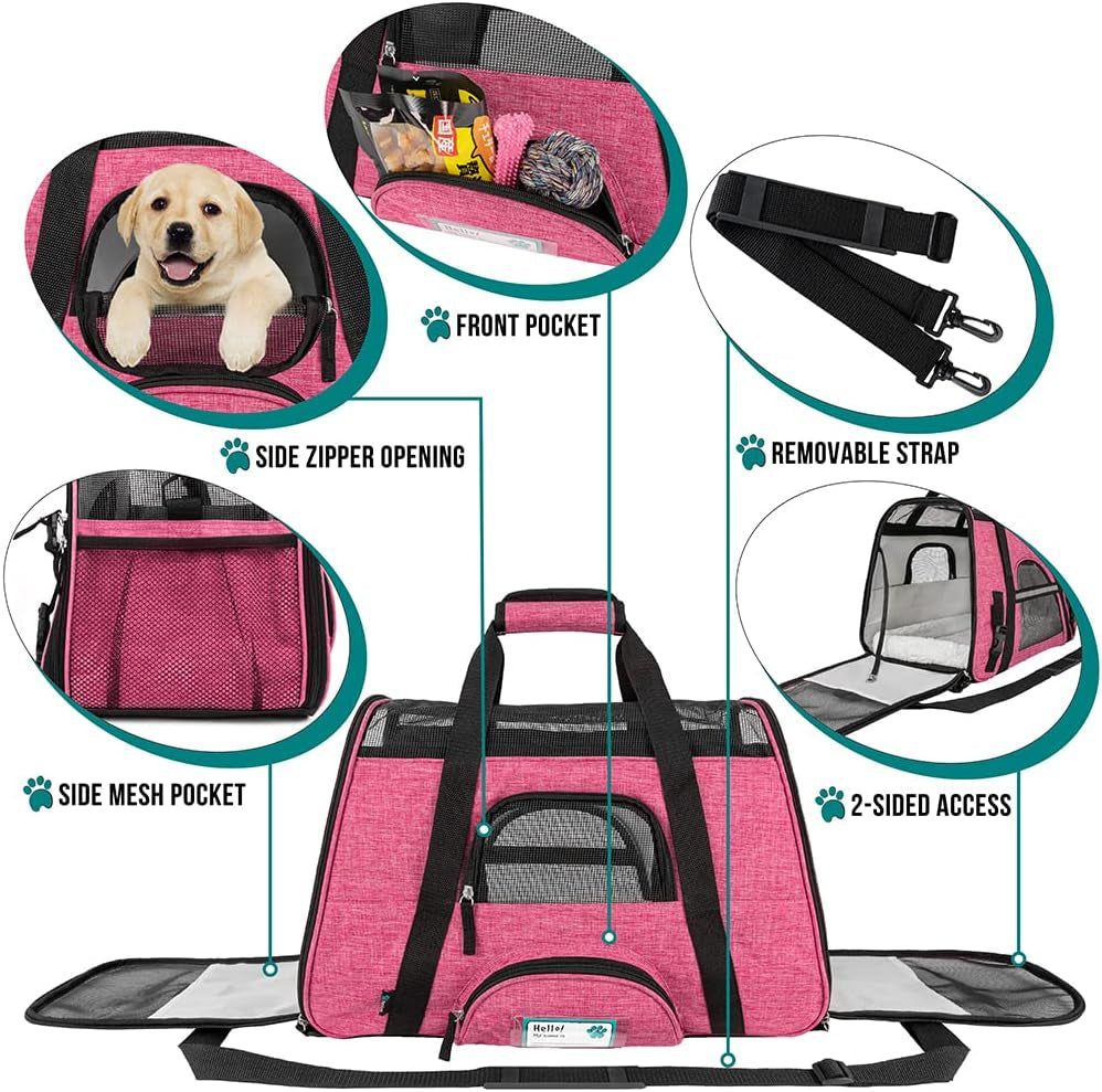 Airline-Approved Soft-Sided Pet Carrier for Cats and Small Dogs, Ventilated Travel Bag for Medium to Large Kittens and Puppies, Large Heather Pink