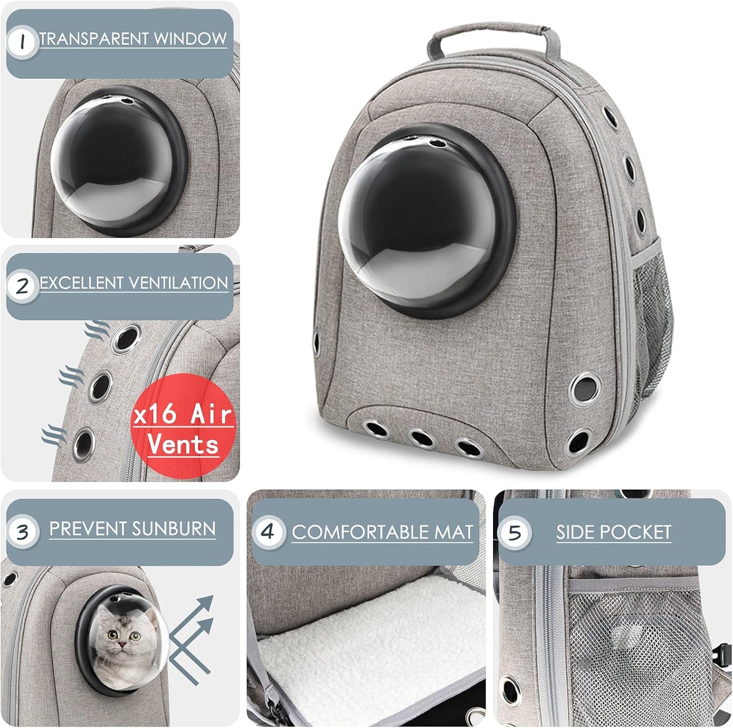 Cat Backpack Carrier Bubble, Small Dog Backpack Carrier for Small Dogs, Space Capsule Pet Carrier Dog Hiking Backpack Travel Carrier-Gray