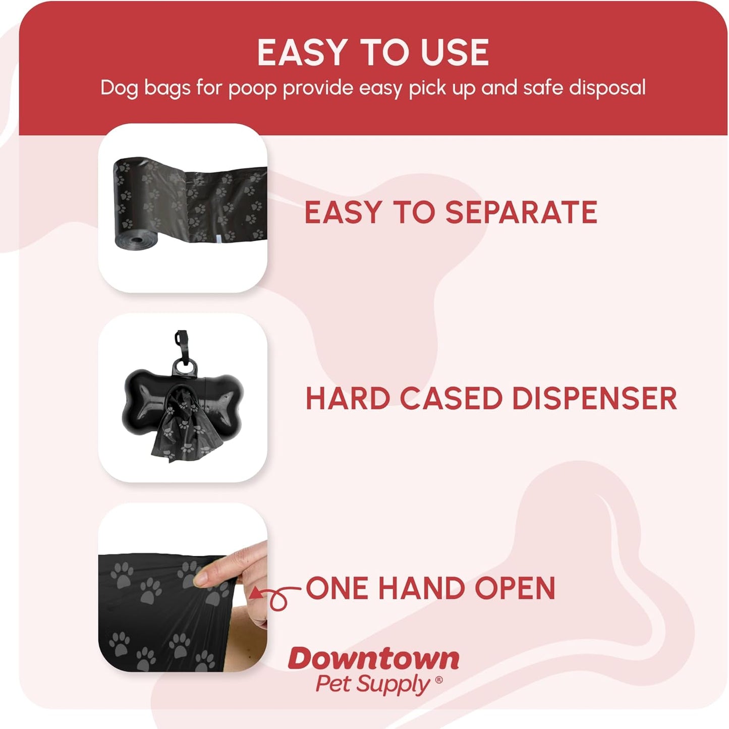 Dog Waste Bags with Dispenser, 180 Count - Leak-Proof and Bone-Shaped Holder for Leash - Black with Paw Prints, 12.5" X 8.5
