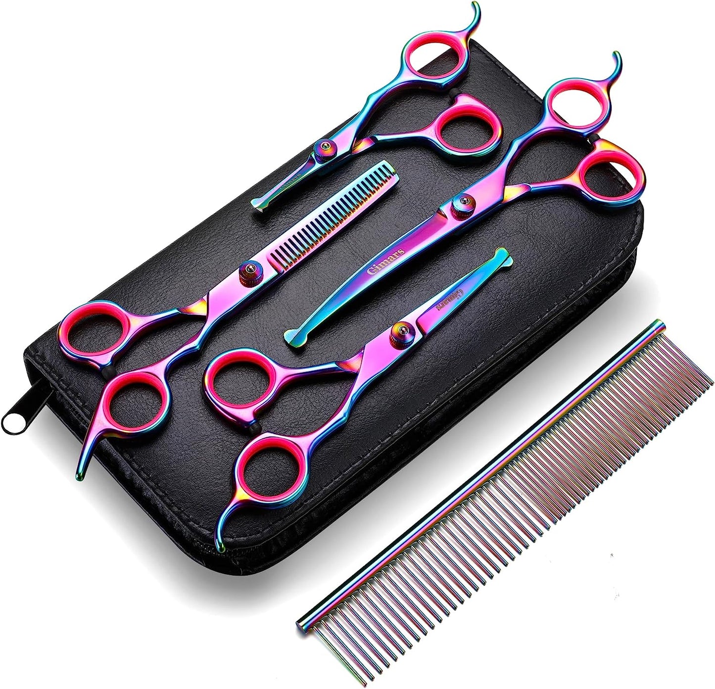 Professional 6-in-1 Grooming Scissors for Dogs and Cats - Heavy Duty Titanium Coated Stainless Steel with Safety Round Tip