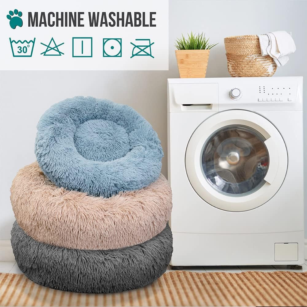 Calming Dog Bed for Small Medium Dogs and Cats, round Donut Washable Fluffy Faux Fur Plush Cuddler Pet Kitten Cushion, Anti-Slip, Fits up to 45 Lbs, 30 Inch, Light Gray