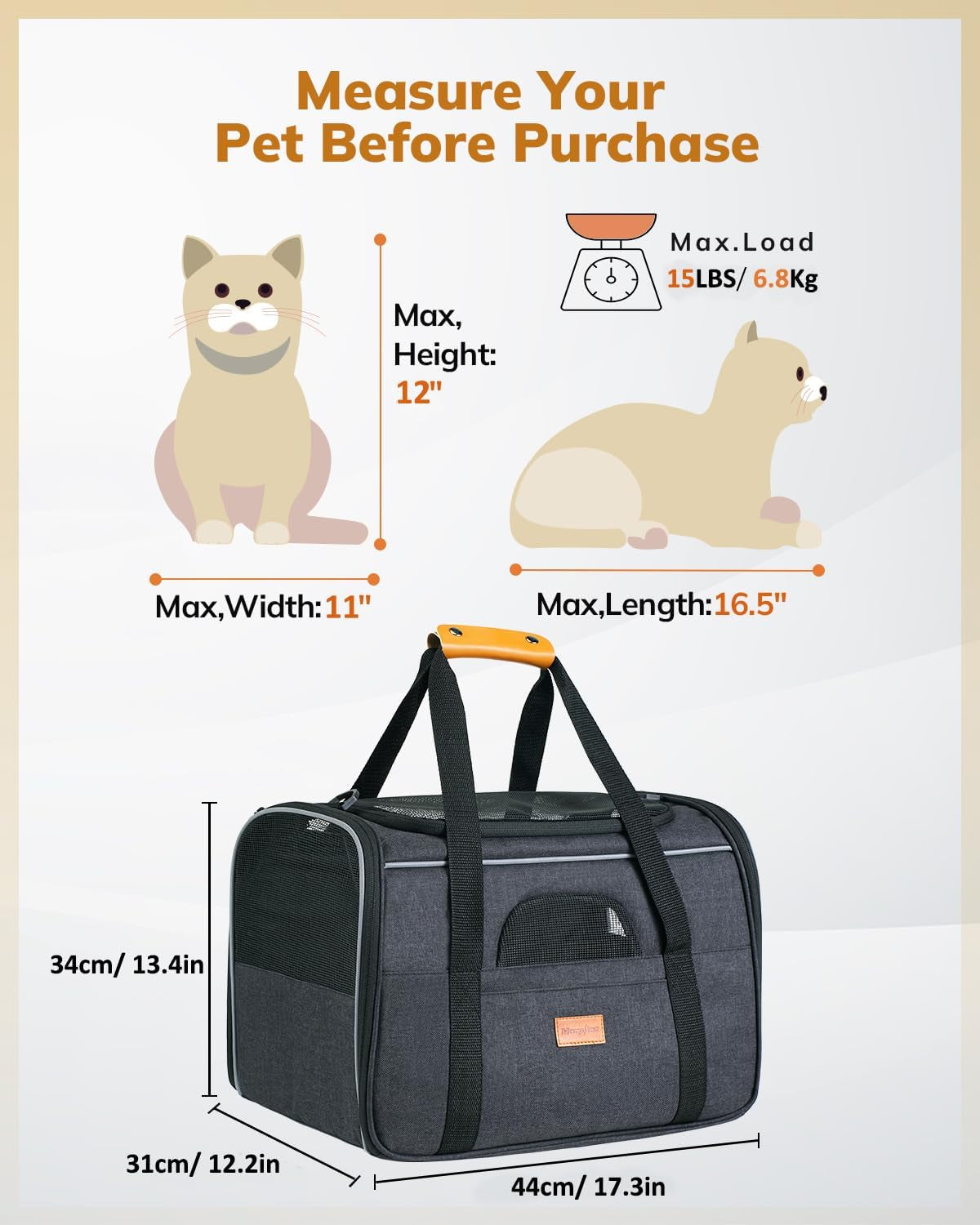 Soft-Sided Cat Carrier for Large and Medium Pets up to 18 lbs - Airline Approved with Safety Zippers and Foldable Bowl - Dark Gray