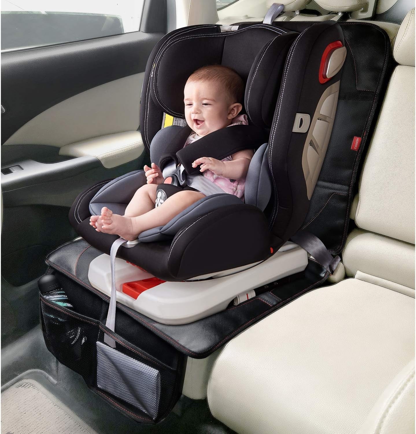 Car Seat Protector for Children, Infants, and Pets - Single Pack with Thick Padding - Waterproof Universal Fit with Mesh Storage Pockets (Black)
