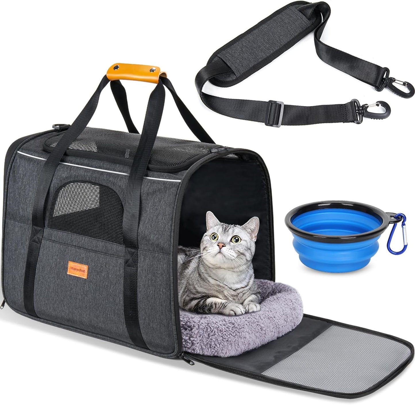Soft-Sided Cat Carrier for Large and Medium Pets up to 18 lbs - Airline Approved with Safety Zippers and Foldable Bowl - Dark Gray