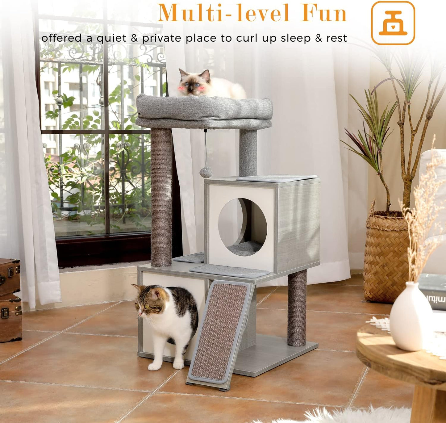 35-Inch Wooden Cat Tower with Double Condos, Spacious Perch, Fully Wrapped Sisal Scratching Posts, and Replaceable Dangling Balls - Gray