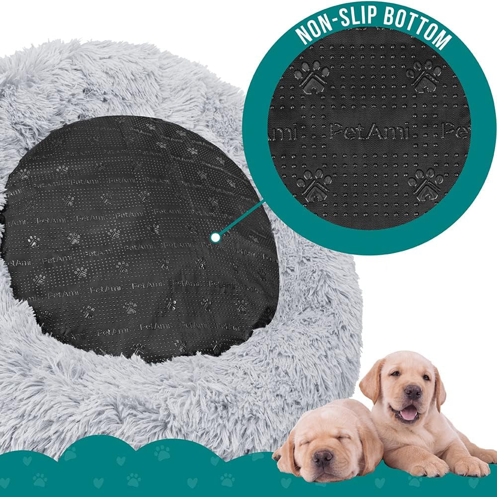 Calming Dog Bed for Small Medium Dogs and Cats, round Donut Washable Fluffy Faux Fur Plush Cuddler Pet Kitten Cushion, Anti-Slip, Fits up to 45 Lbs, 30 Inch, Light Gray