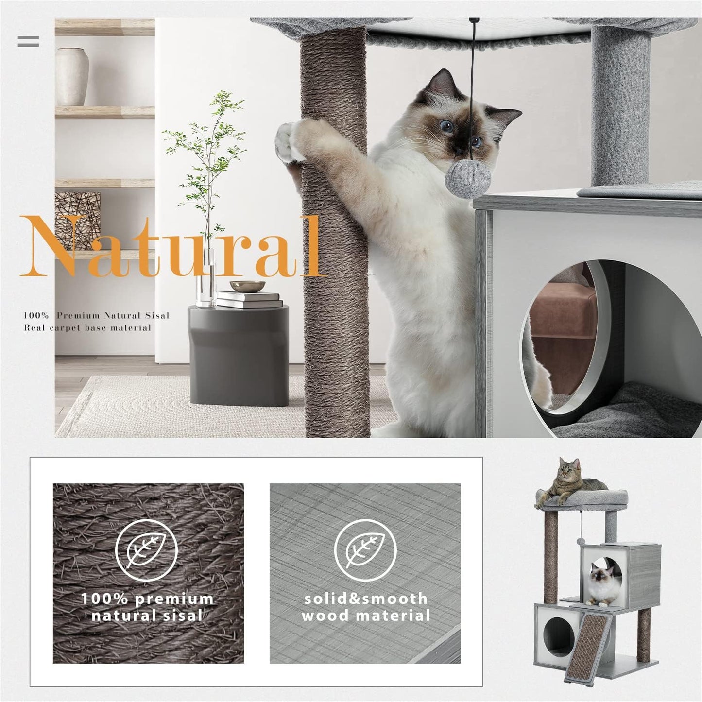 35-Inch Wooden Cat Tower with Double Condos, Spacious Perch, Fully Wrapped Sisal Scratching Posts, and Replaceable Dangling Balls - Gray