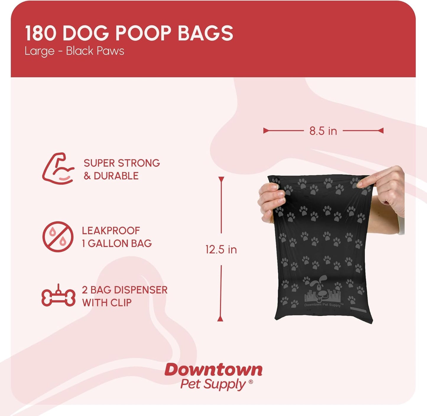 Dog Waste Bags with Dispenser, 180 Count - Leak-Proof and Bone-Shaped Holder for Leash - Black with Paw Prints, 12.5" X 8.5