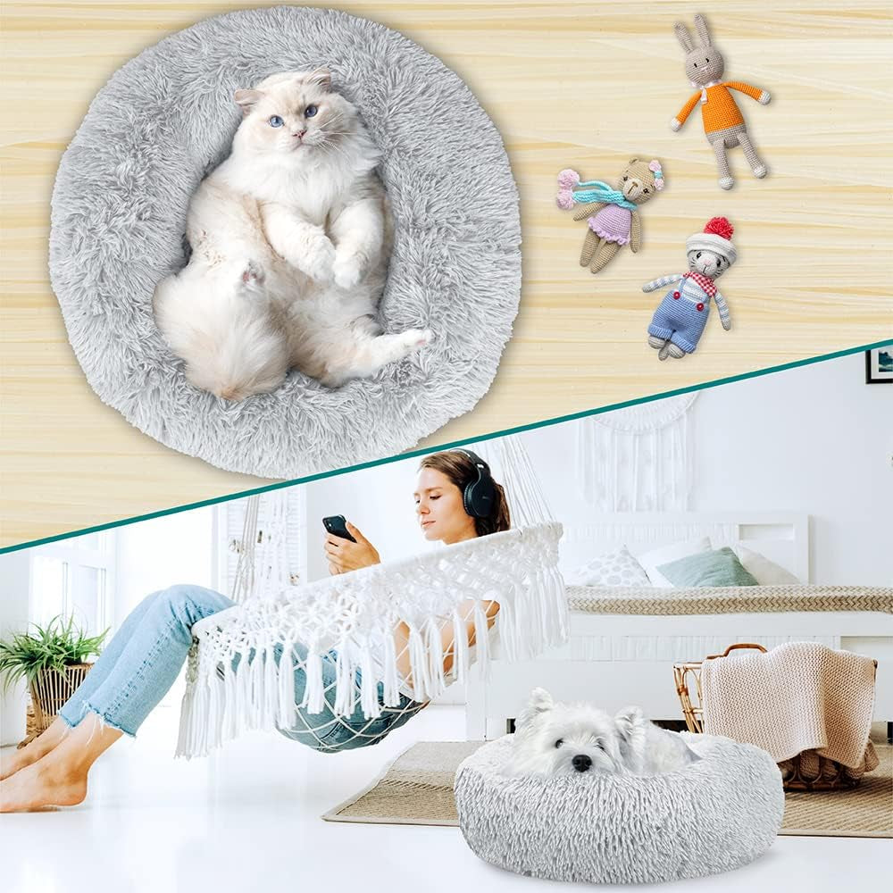 Calming Dog Bed for Small Medium Dogs and Cats, round Donut Washable Fluffy Faux Fur Plush Cuddler Pet Kitten Cushion, Anti-Slip, Fits up to 45 Lbs, 30 Inch, Light Gray