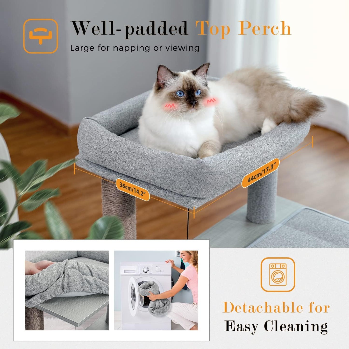 35-Inch Wooden Cat Tower with Double Condos, Spacious Perch, Fully Wrapped Sisal Scratching Posts, and Replaceable Dangling Balls - Gray
