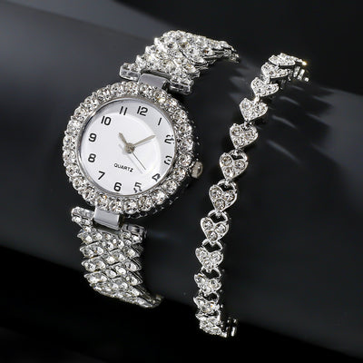 2pcs Luxury Women's Watch Set with Silver Strap & Bracelet – Quartz Wristwatch Gift Set