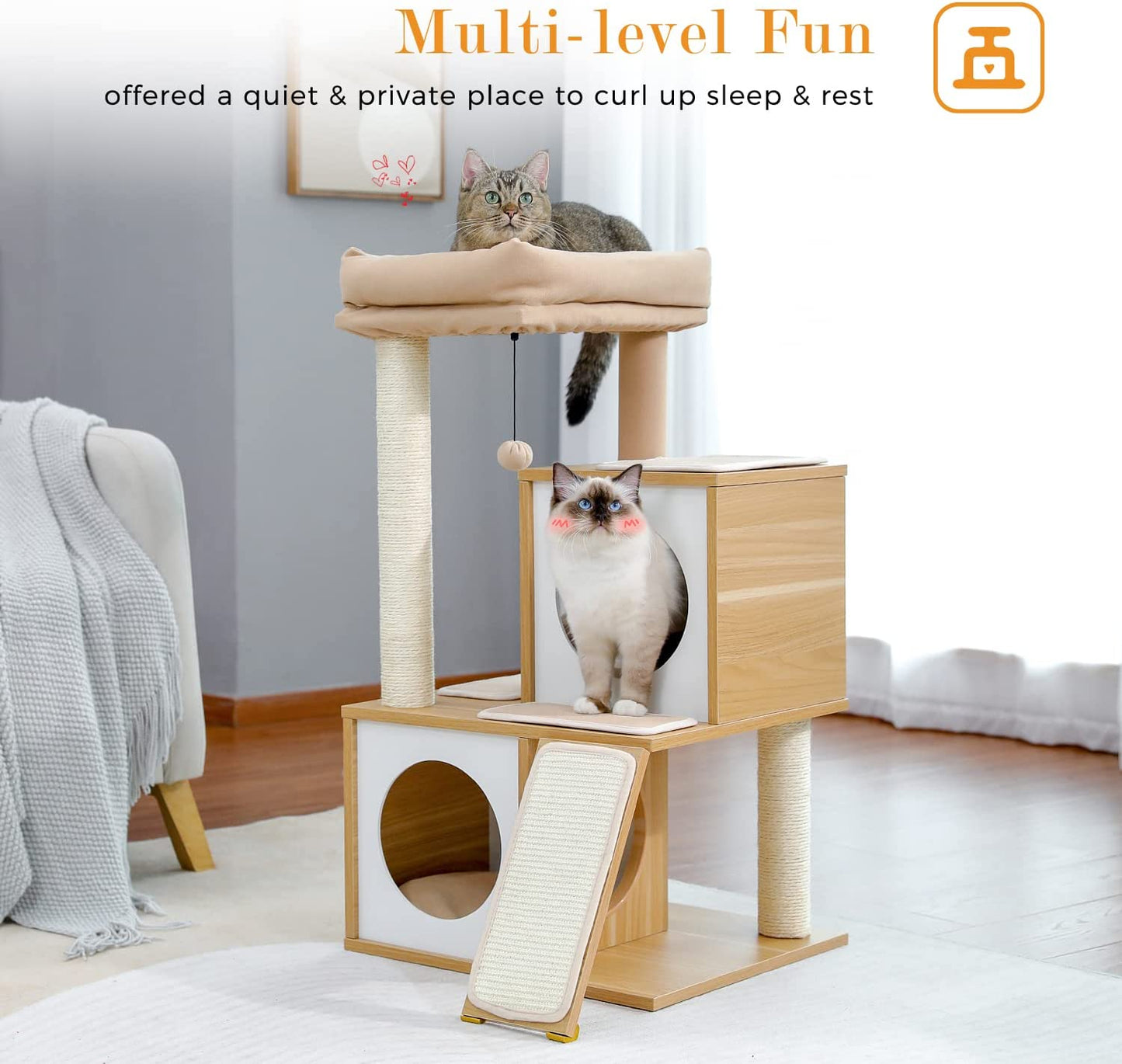 35-Inch Wooden Cat Tower with Dual Condos, Generous Perch, Fully Wrapped Sisal Scratching Posts, and Replaceable Dangling Balls - Walnut Finish