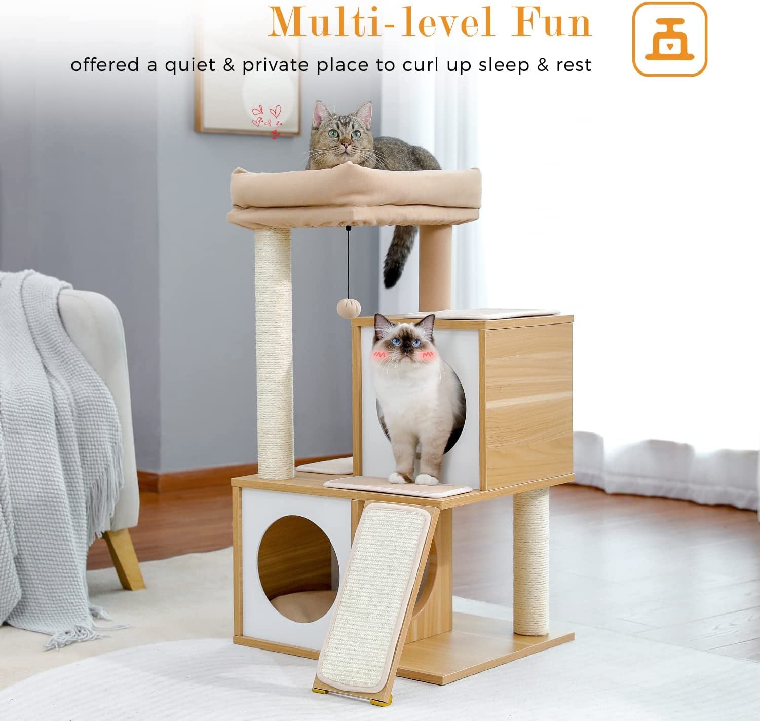 35-Inch Wooden Cat Tower with Dual Condos, Generous Perch, Fully Wrapped Sisal Scratching Posts, and Replaceable Dangling Balls - Walnut Finish