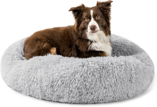 Calming Dog Bed for Small Medium Dogs and Cats, round Donut Washable Fluffy Faux Fur Plush Cuddler Pet Kitten Cushion, Anti-Slip, Fits up to 45 Lbs, 30 Inch, Light Gray