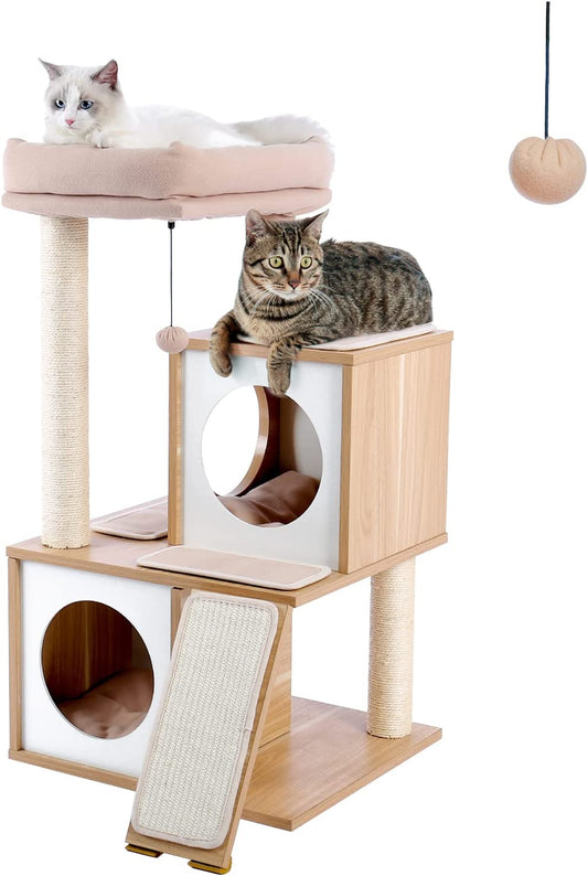 35-Inch Wooden Cat Tower with Dual Condos, Generous Perch, Fully Wrapped Sisal Scratching Posts, and Replaceable Dangling Balls - Walnut Finish