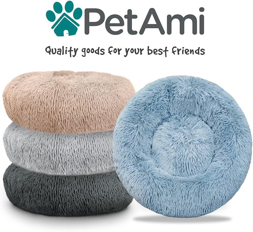 Calming Dog Bed for Small Medium Dogs and Cats, round Donut Washable Fluffy Faux Fur Plush Cuddler Pet Kitten Cushion, Anti-Slip, Fits up to 45 Lbs, 30 Inch, Light Gray