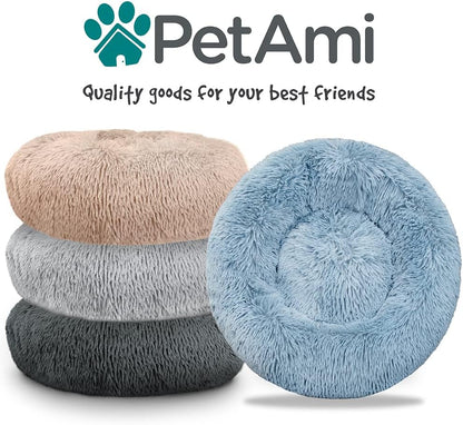 Calming Dog Bed for Small Medium Dogs and Cats, round Donut Washable Fluffy Faux Fur Plush Cuddler Pet Kitten Cushion, Anti-Slip, Fits up to 45 Lbs, 30 Inch, Light Gray