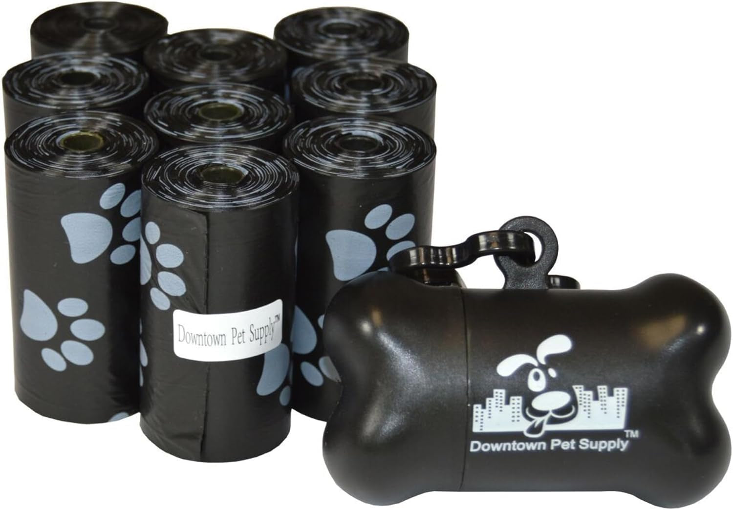 Dog Waste Bags with Dispenser, 180 Count - Leak-Proof and Bone-Shaped Holder for Leash - Black with Paw Prints, 12.5" X 8.5