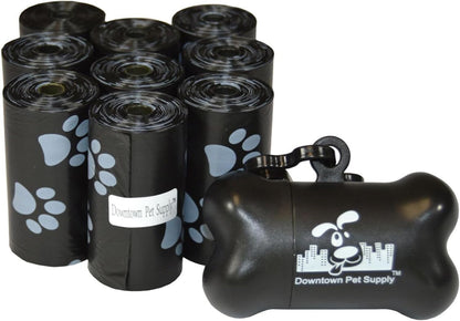 Dog Waste Bags with Dispenser, 180 Count - Leak-Proof and Bone-Shaped Holder for Leash - Black with Paw Prints, 12.5" X 8.5