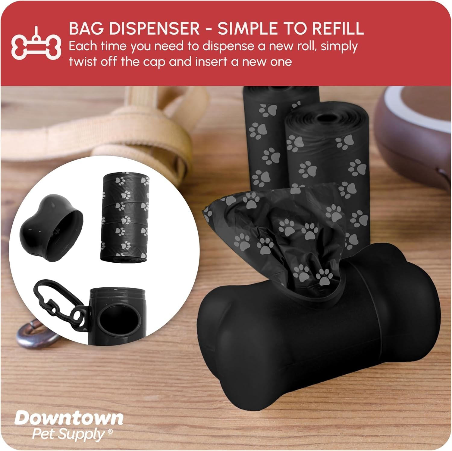 Dog Waste Bags with Dispenser, 180 Count - Leak-Proof and Bone-Shaped Holder for Leash - Black with Paw Prints, 12.5" X 8.5