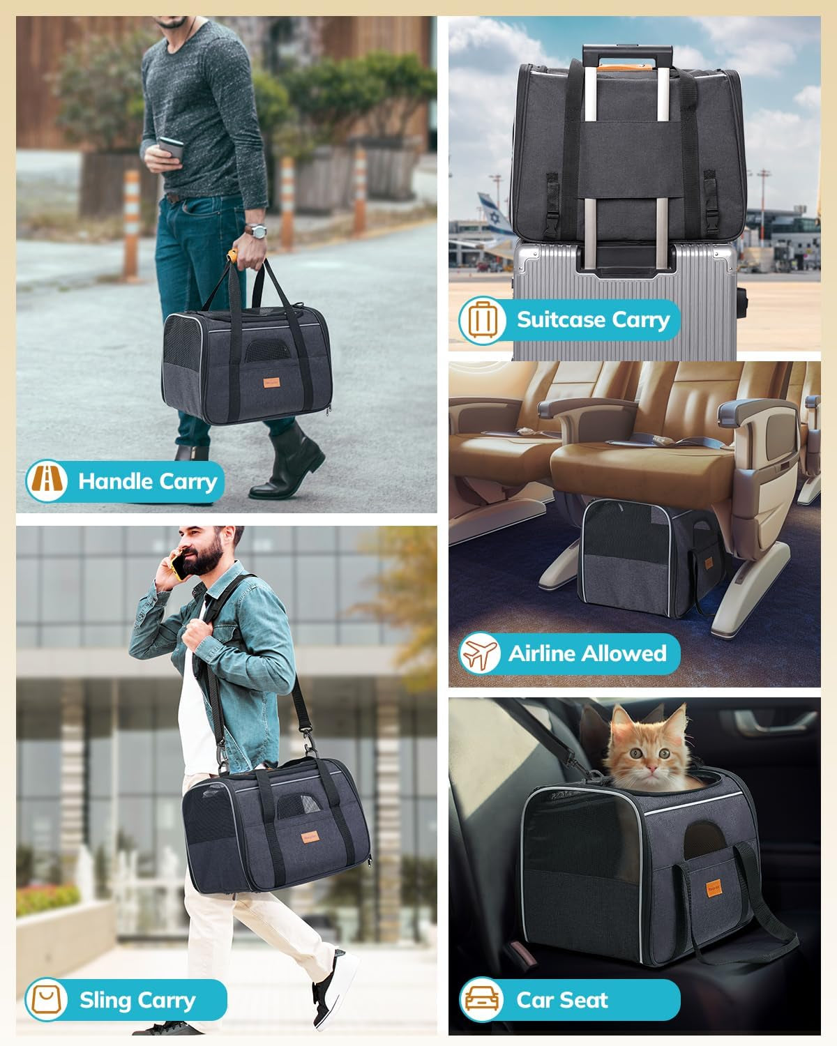 Soft-Sided Cat Carrier for Large and Medium Pets up to 18 lbs - Airline Approved with Safety Zippers and Foldable Bowl - Dark Gray