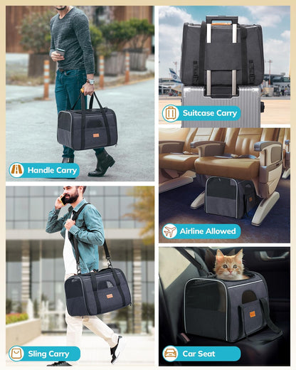 Soft-Sided Cat Carrier for Large and Medium Pets up to 18 lbs - Airline Approved with Safety Zippers and Foldable Bowl - Dark Gray