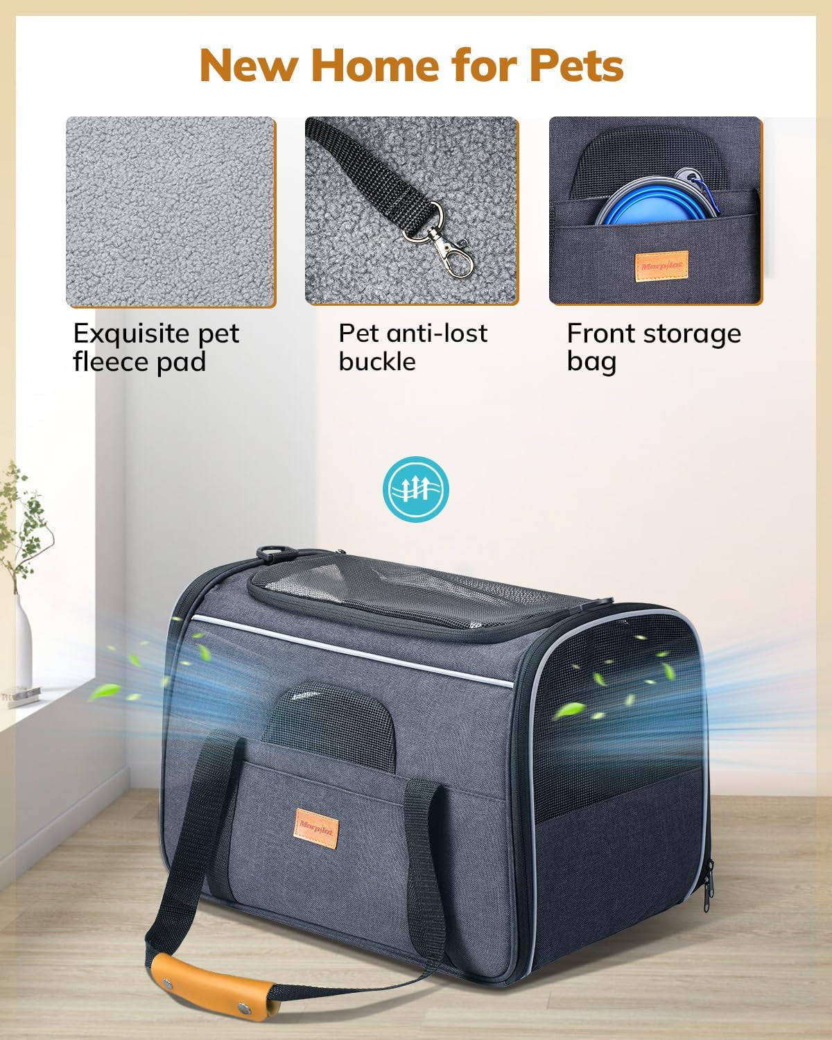 Soft-Sided Cat Carrier for Large and Medium Pets up to 18 lbs - Airline Approved with Safety Zippers and Foldable Bowl - Dark Gray