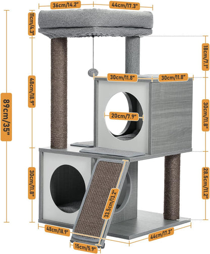 35-Inch Wooden Cat Tower with Double Condos, Spacious Perch, Fully Wrapped Sisal Scratching Posts, and Replaceable Dangling Balls - Gray
