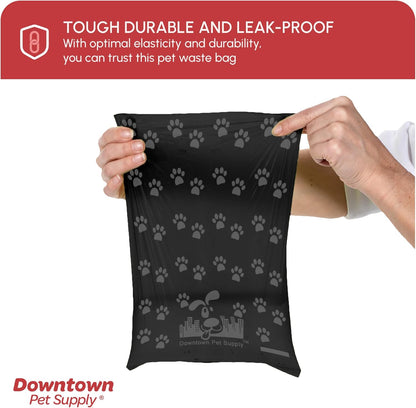 Dog Waste Bags with Dispenser, 180 Count - Leak-Proof and Bone-Shaped Holder for Leash - Black with Paw Prints, 12.5" X 8.5