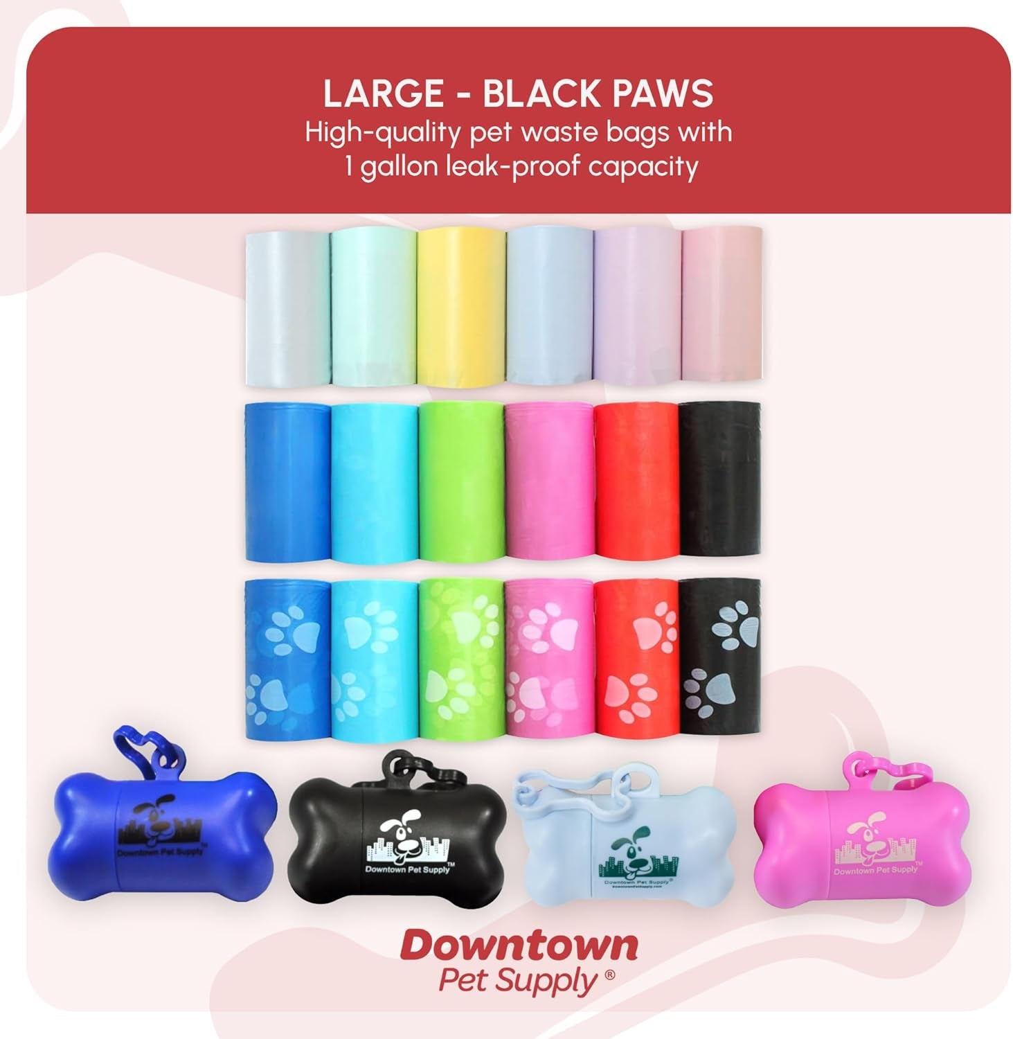 Dog Waste Bags with Dispenser, 180 Count - Leak-Proof and Bone-Shaped Holder for Leash - Black with Paw Prints, 12.5" X 8.5