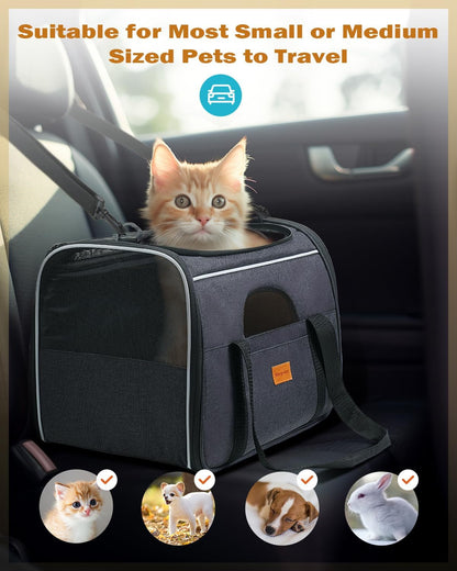 Soft-Sided Cat Carrier for Large and Medium Pets up to 18 lbs - Airline Approved with Safety Zippers and Foldable Bowl - Dark Gray