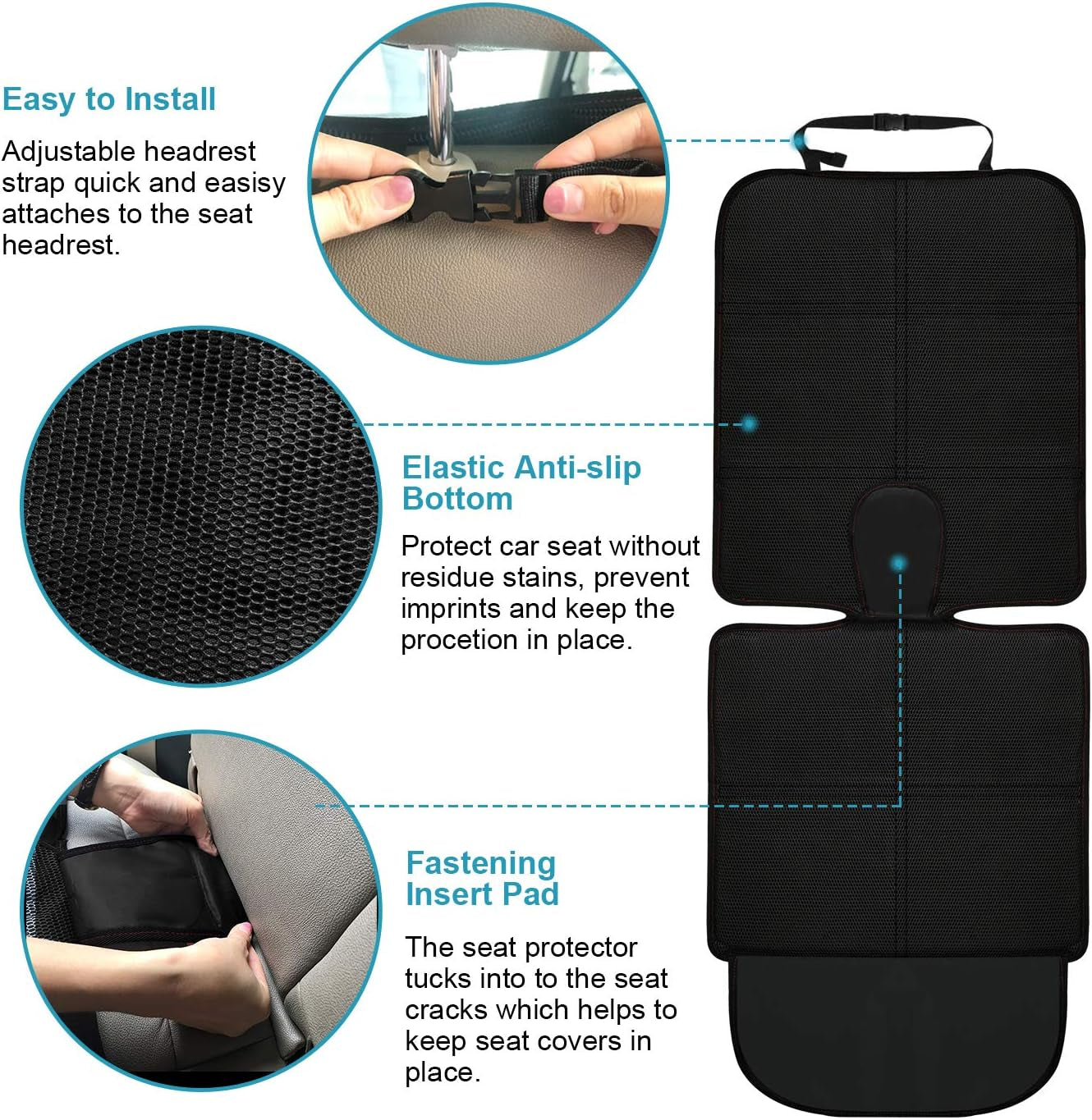 Car Seat Protector for Children, Infants, and Pets - Single Pack with Thick Padding - Waterproof Universal Fit with Mesh Storage Pockets (Black)