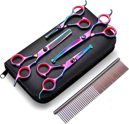 Professional 6-in-1 Grooming Scissors for Dogs and Cats - Heavy Duty Titanium Coated Stainless Steel with Safety Round Tip