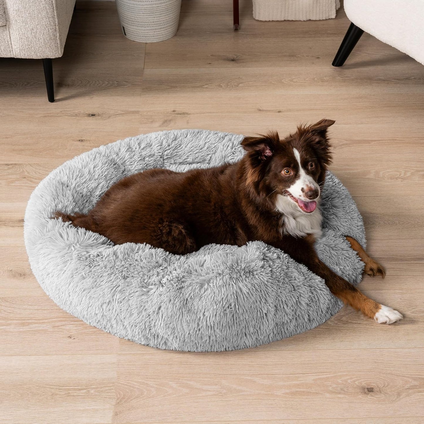 Calming Dog Bed for Small Medium Dogs and Cats, round Donut Washable Fluffy Faux Fur Plush Cuddler Pet Kitten Cushion, Anti-Slip, Fits up to 45 Lbs, 30 Inch, Light Gray